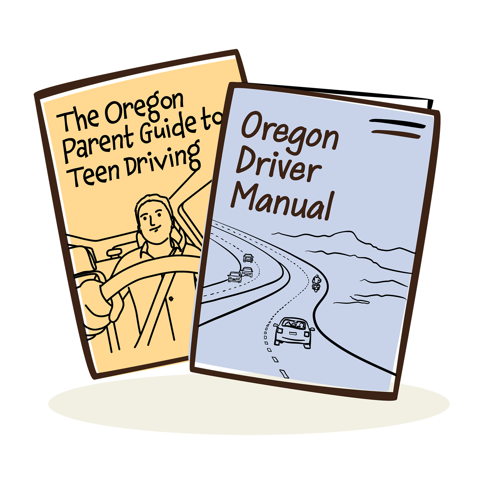 Two manuals side by side, yellow Parent Guide for Teen Driving on the left, Oregon Driver Manual on the right showing a road and motorcyclist